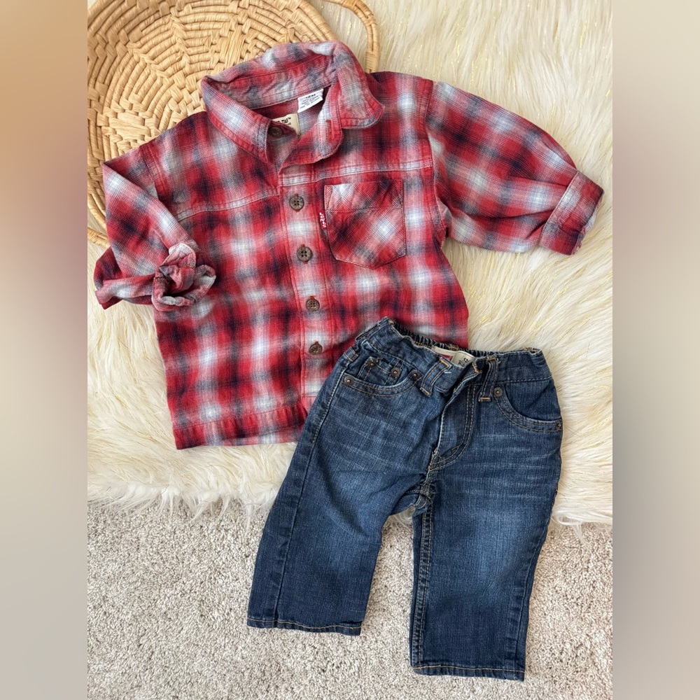 Levi’s Plaid Button Down and Denim Jeans Outfit Size 12 Months